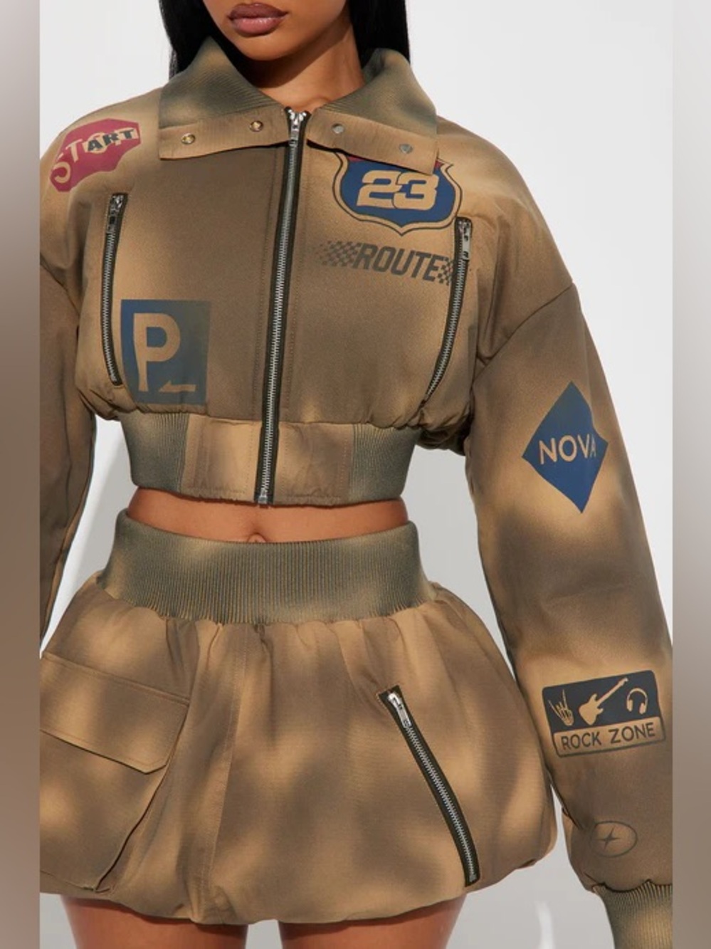 Fashion Nova Bomber Set with puffer jacket and skirt Large EUC worn once
